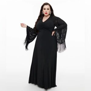 Unique Vintage Black Floral Fringe Sleeve Maxi Dress